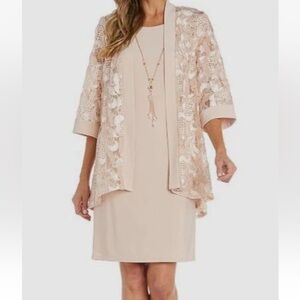 R&M Richards Women's Pink Embroidered Sequin Jacket & Dress with Necklace NEW